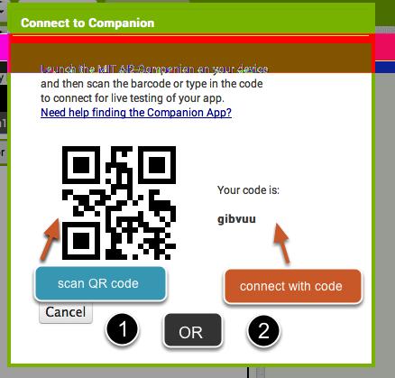 Get the Connection Code from App Inventor and scan or type it into your Companion app On the Connect menu, choose "AI Companion".