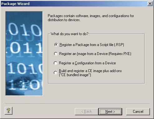 Package Manager 31 Register a Package from a Script File (.RSP) 1. In the tree pane of the Administrator Console, right-click Package Manager and select New > Package to open the Package Wizard.