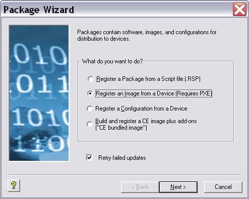 32 Chapter 4 Register an Image from a Device (Requires PXE) This Package Wizard option requires that an Imaging Scripting Template exists for the Device Type.