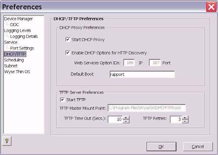 In the tree pane of the Preferences window, select DHCP/TFTP. Figure 43 Preferences: DHCP/TFTP Preferences 10.In the TFTP Server Preferences area, click the Start TFTP check box. 11. Click OK. 12.