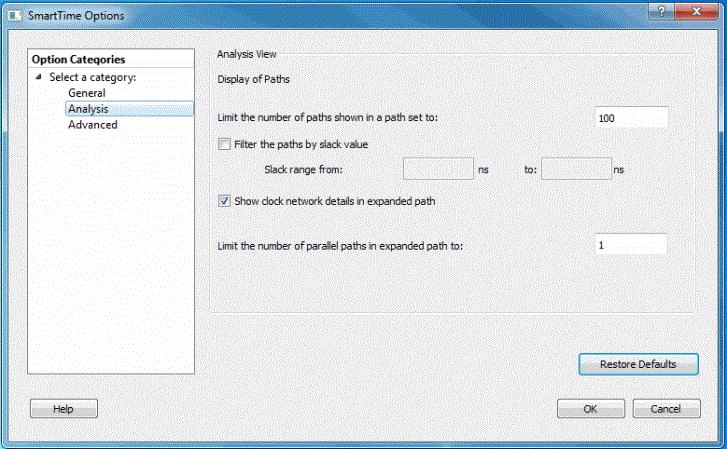 Analysis Figure 82 SmartTime Options - Analysis View Dialog Box Display of Paths Limits the number of paths shown in a path set for timing analysis. The default value is 100.