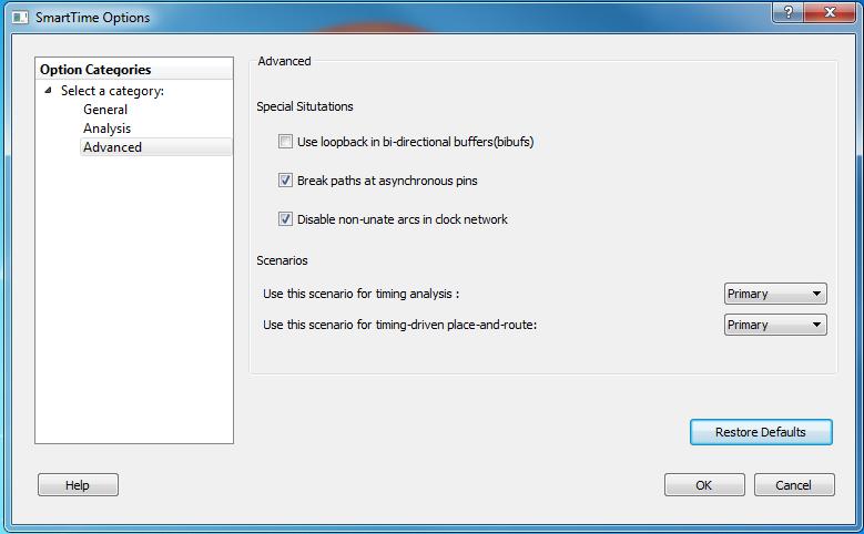 Advanced Special Situations Figure 83 SmartTime Options - Advanced Dialog Box Enables you to specify if you need to use loopback in bi-directional buffers (bibufs) and/or break paths at asynchronous