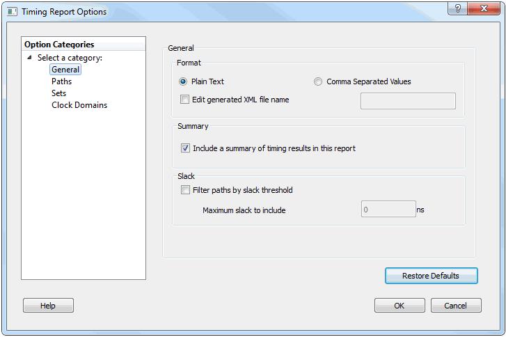 Timing Report Options Dialog Box General Use this dialog box to customize the timing report.