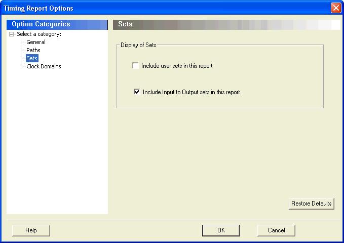 Sets Figure 91 Timing Report Options - Sets Dialog Box Display of Sets Specifies whether or not the user sets will be included in the timing report.