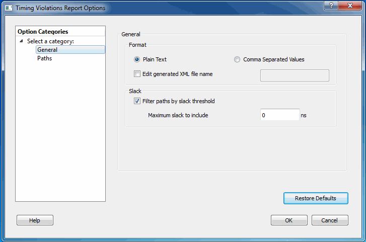 Timing Violations Report Options Dialog Box General Use this dialog box to customize the timing violation report.