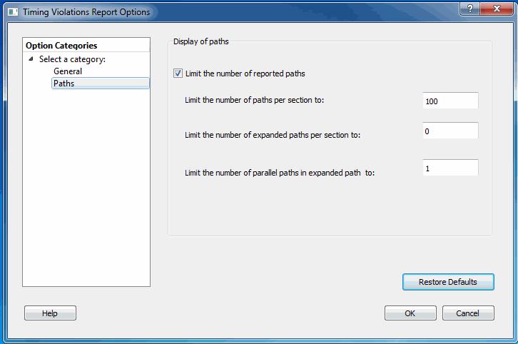Paths Display of paths Figure 94 Timing Violations Report - Paths Dialog Box Limit the number of reported paths: Check this box to limit the number of paths in the report.