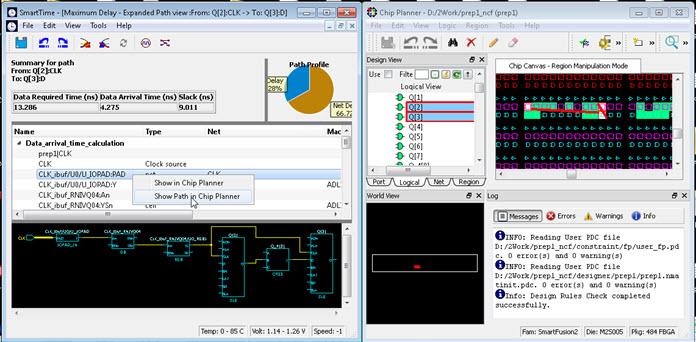 Figure 33 Cross-Probing Timing Path Alternatively, right-click a path in the Max/Min Delay Analysis View and select Show Path in Chip Planner to cross-probe the path.