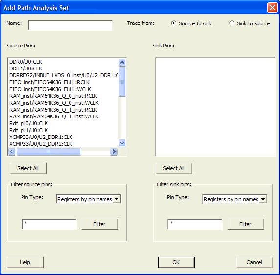 Add Path Analysis Set Dialog Box Use this dialog box to specify a custom path analysis set. Note: The Analysis menu is available only in Maximum or Minimum Delay Analysis view.