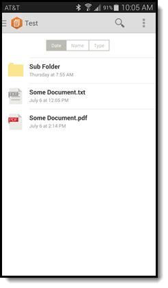 Android Phone File View The following is the layout of the Amazon WorkDocs Android phone folder