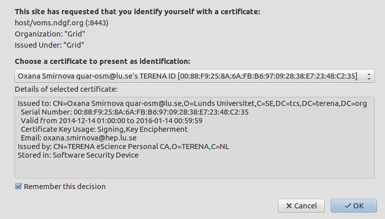 The server requires your certificate: Oxana Smirnova (Lund