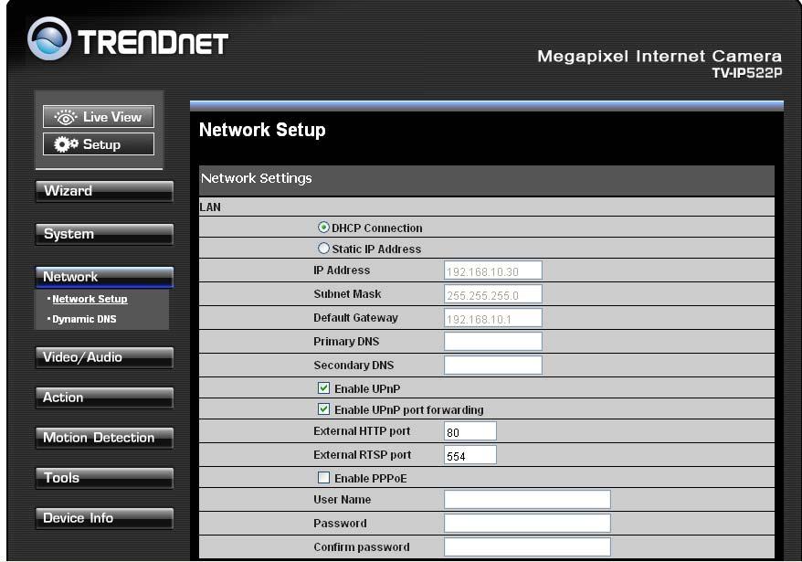 Network Settings To Network menu contains two sub-menus that provide the Networking Settings for the camera, such as the IP Setting, and DDNS Setting LAN IP Settings Network Setup menus The camera s