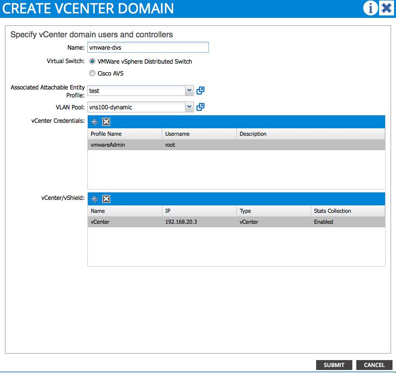 ACI Hypervisor Integration VMware DVS Name of VMM Domain Type of vswitch (DVS or AVS) Associated