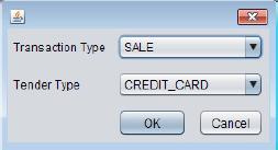 Now, in the Sample Application, select Transaction > Begin Transaction. You will have a pop-up asking for a transaction and tender type.