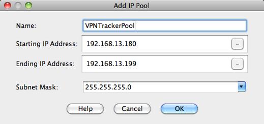 Go to Network (Client) Access > Address Assignment > Address Pools Click Add IP Pool Settings: Name: Enter a name that allows you to recognize your address pool later (e.g. VPNTrackerPool).