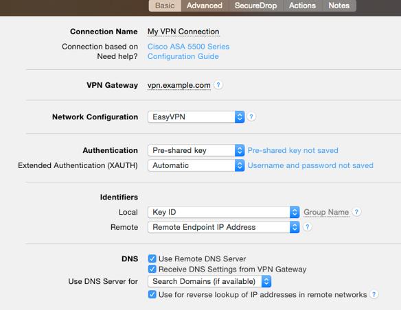 Task 2 VPN Tracker Configuration After finishing task 1, you should now have a completed configuration checklist containing your Cisco ASA s settings.