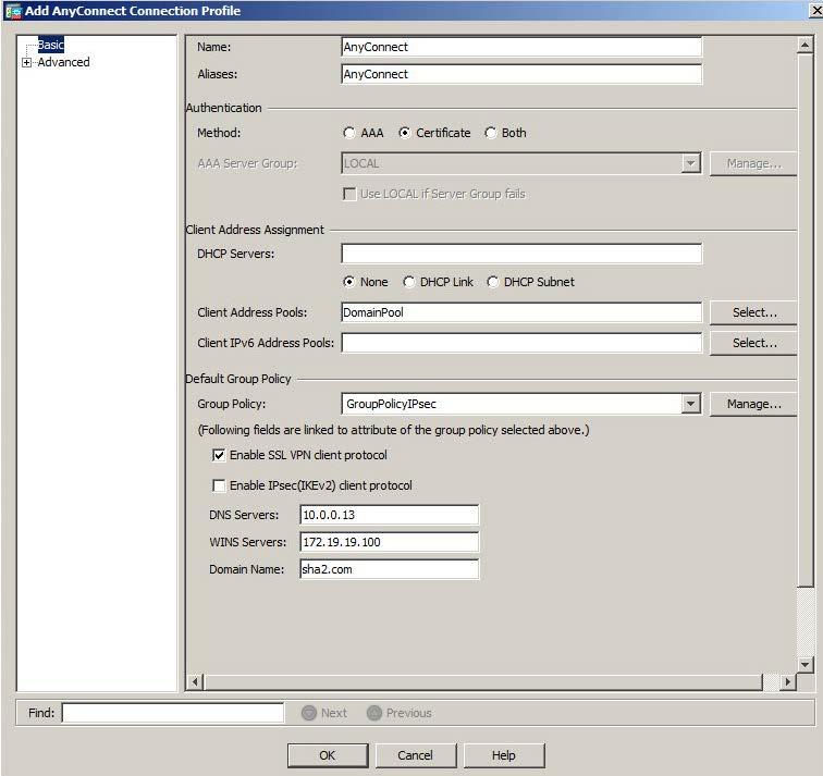 6. In the Add AnyConnect Connection Profile window, in the left pane, click Basic. In the right pane, complete the fields as described in the table below.