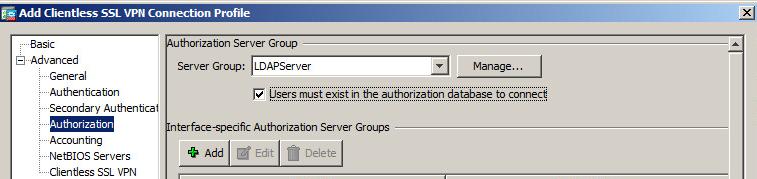 Under Authentication, Interface-Specific Server Groups, a server was added in the Interface column. 10.