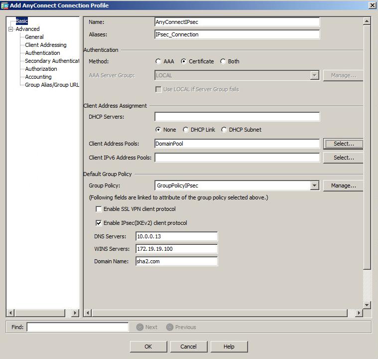 6. On the Add AnyConnect Connection Profile window, in the left pane, select Basic, and in the right pane, complete the fields as described in the table below.