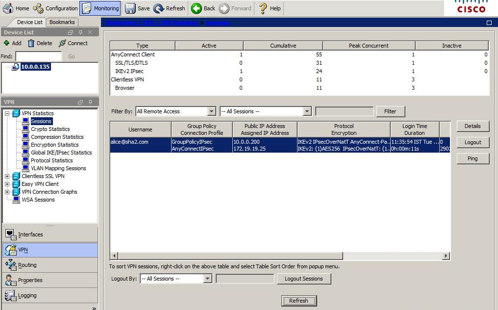 Cisco ASA Monitoring VPN connection VPN Connection can be monitored on Cisco ASA from the ASDM screen. 1. Select the Monitoring tab, and click on VPN in the left pane 2.