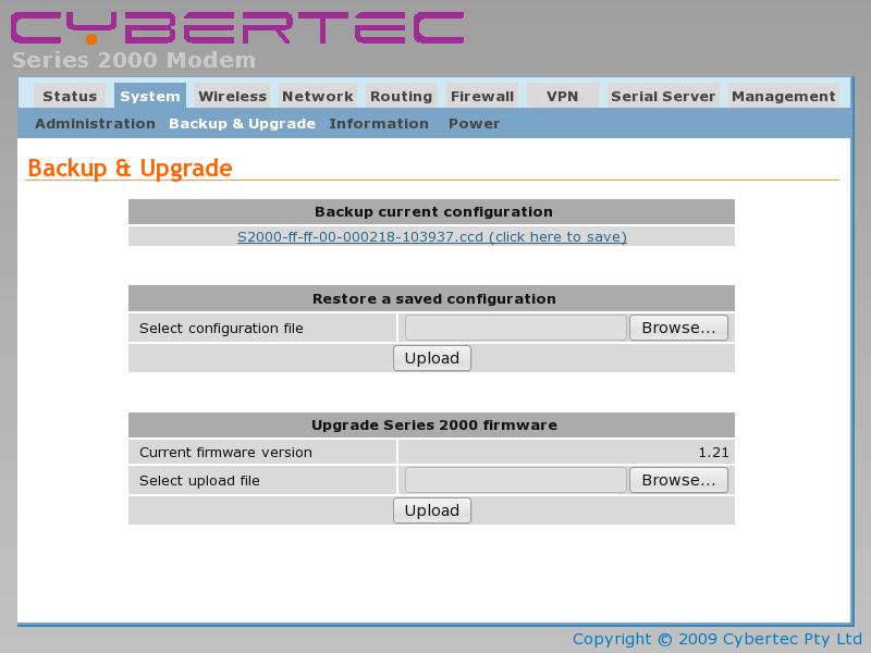 11.2 System Backup and Upgrade From the top level menu select System then select Backup & Upgrade from the sub-menu. The System Backup & Upgrade page will be displayed as shown in Figure 1.