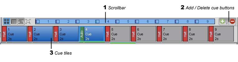 :TL_cue_scrollbar.jpg Working with cuelists The Timeline screen Cuelist Navigator The cuelist navigation section shows you an overview of all the cues in a cuelist.