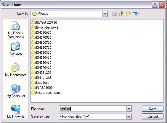 Creating and loading shows Getting started The first time you save a new show, Vista displays the Save As window: Type a name for the file and then click the Save button.