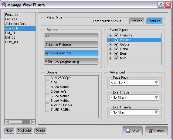 Working with cuelists About the timeline Managing your saved Filters You can rename, duplicate or modify a saved filter.