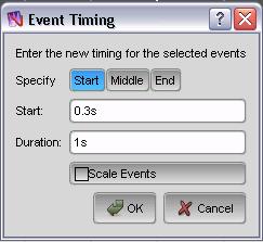 Working with cuelists Timeline events Vista displays this screen: This option Start Middle End TIme Start / Mid / End Duration Scale Events Select to set the start time of an event Select to set the