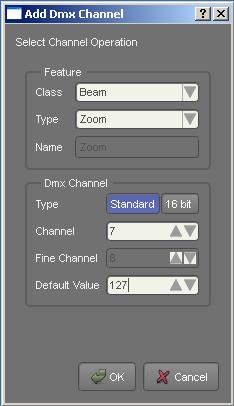 Appendix 6 The Fixture Editor DMX Chart tab: Channel 7: Zoom Click the DMX button to open the Add DMX Channel dialog. Select Beam in Class and Zoom in Type.