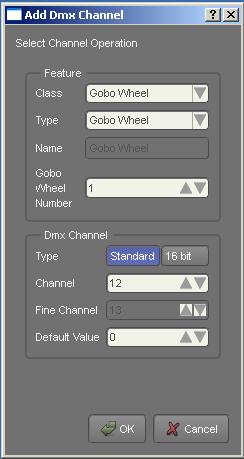 DMX Chart tab: Appendix 6 The Fixture Editor Channel 12: Gobo Wheel Click the DMX button to open the Add DMX Channel dialog. Select Gobo Wheel in Class and Gobo Wheel in Type.