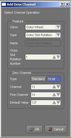 DMX Chart tab: Appendix 6 The Fixture Editor Channel 13 and 14: Gobo Rotation Click the DMX button to open the Add DMX Channel dialog. Select Beam in Class and Gobo Slot Rotation in Type.