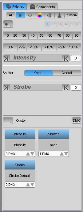 The Chooser window Using the detailed panels Using the detailed panels Intensity Click on the Intensity button to select the detailed settings panel for all fixture channels in the Intensity group: