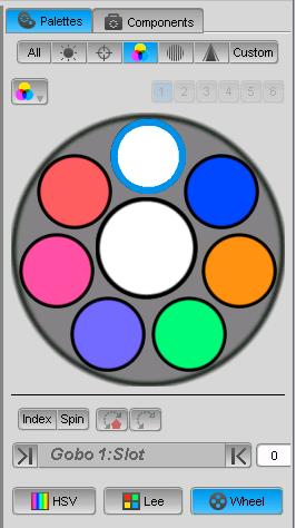Wheel When using fixtures with a colour wheel(s), this option provides a graphic representation of the colour wheel so you can see exactly what colours are available and where they are on the wheel: