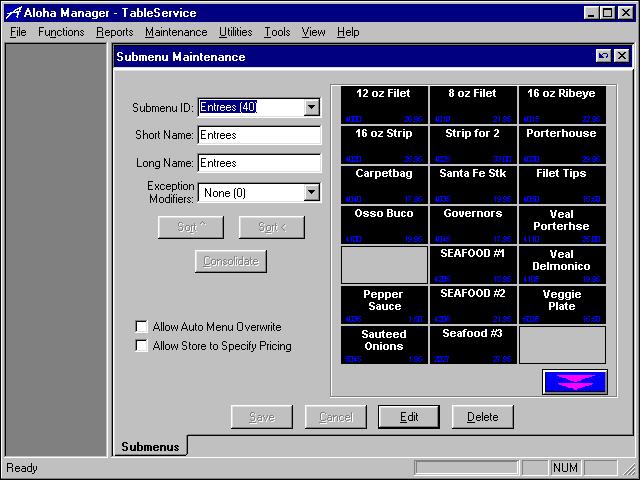 Adding or Editing a Submenu 1. Log in to the BOH. 2. Select Maintenance > Menu > Submenu. The Submenus function tab appears, as shown in Figure 2-15: Managing Your Data 3.