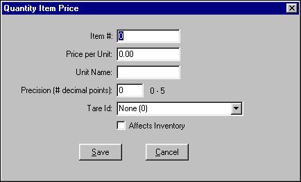 Quantity Item Pricing Use quantity item pricing for items sold in bulk or by the usage, such as ounces, liters, and pounds. Also use this for counting heads in a banquet environment.