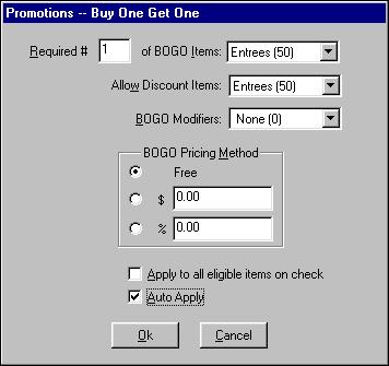 6. Click Type Specifics. The Promotions - Buy One Get One dialog box appears, as shown in Figure 2-31: Figure 2-31 Promotions - Buy One Get One Dialog Box 7.