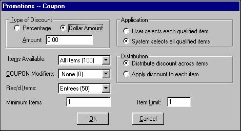 6. Click Type Specifics. The Promotions - Coupon dialog box appears, as shown in Figure 2-32: Figure 2-32 Promotions - Coupon Dialog Box 7.