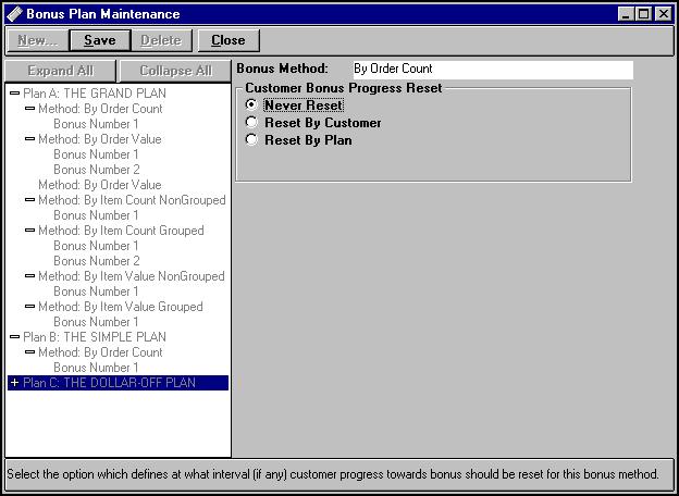 8. Click OK. The Bonus Plan Maintenance dialog box returns, asking you to specify the type of reset required for the plan, as shown in Figure 2-43: Figure 2-43 New Bonus Plan, Reset Method 9.