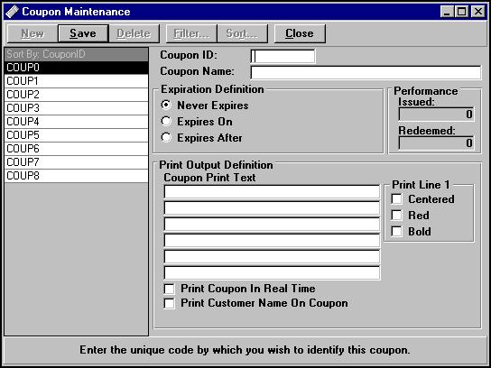 3. Double-click Coupons in the Maintenance and Queries section of the menu, using the left mouse button.