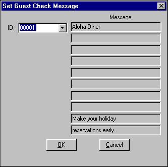 5. Type the title. 6. Type the message. 7. Click Save and exit the Guest Check Messages function. Deleting a Guest Check Message 1. Log in to the BOH. 2. Select Maintenance > Messages > Guest Check.