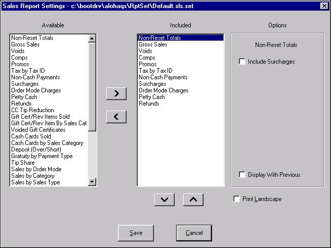 3. Click Settings. The Sales Report Settings dialog box appears, as shown in Figure 3-6: Figure 3-6 Sales Report Settings Dialog Box 4.