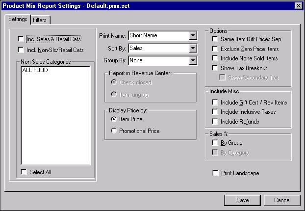 Editing the Product Mix Report Settings Change the appearance of the Product Mix report, such as the categories to include in the report, or filter by a revenue center or terminal. 1.