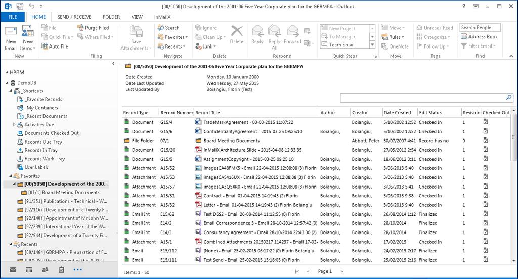 TRIM/HPRM Connector (TRM) Integrates Microsoft Outlook with TRIM/HPE Records Manager TRIM/HPRM store enables users to access and process records and activities in Outlook Support Drag & Drop