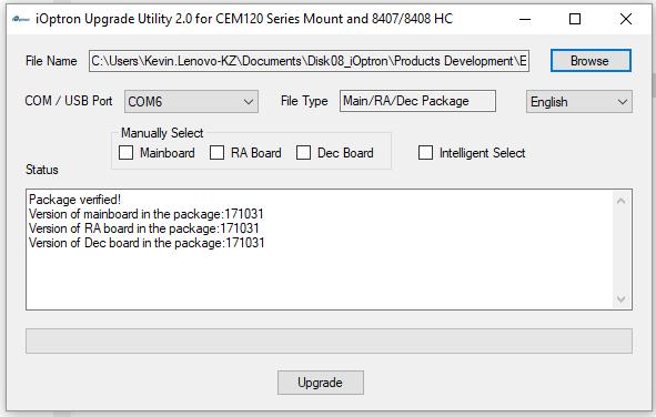 (4) Now you can choose Intelligent Select to let the software decided which part of mount firmware needs be upgraded, or use