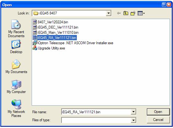 (4) Click on Browse in ioptron Upgrade Utility window.