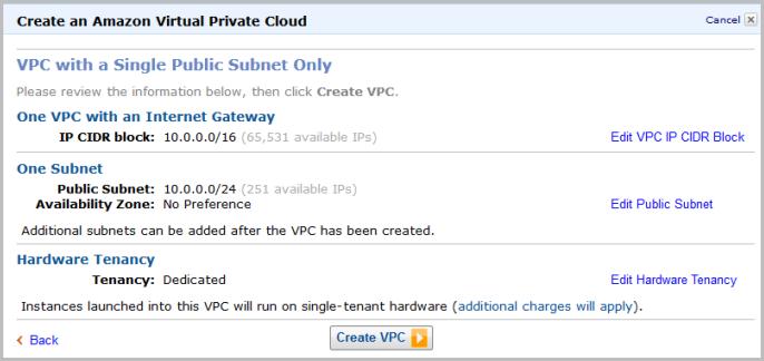 Creating a VPC with an Instance Tenancy of Dedicated AWS Management Console To create a VPC with an instance tenancy of dedicated 1. Open the Amazon VPC console at https://console.aws.amazon.com/vpc/.