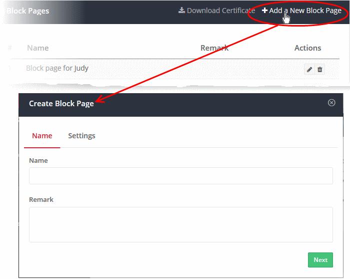 Enter a descriptive name for the block page in the 'Name' field. Use the 'Remark' field to leave internal notes about the page if required.
