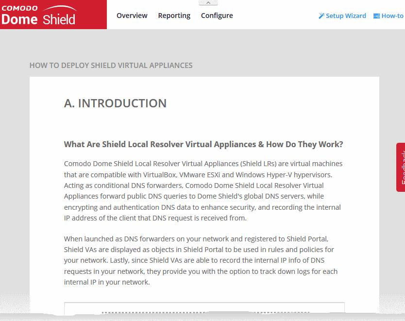 The 'How to Deploy Shield Virtual Appliances' page will open with detailed instructions on installing the VA on VMWare, VirtualBox and Hyper-V.