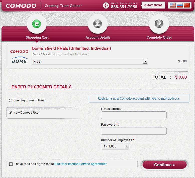 Existing customers - If you already have a Comodo account, select 'Existing Comodo User' and enter your user name and password.