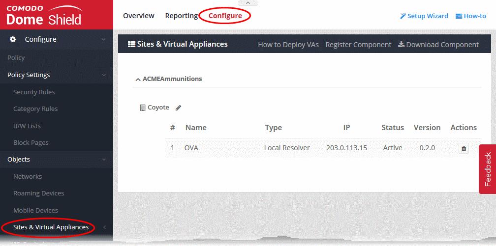 4.4 Manage Imported Sites and Virtual Appliances Click 'Configure' > 'Objects' > 'Sites & Virtual Appliances' The 'Sites & Virtual Appliances' area lets you: Download local resolver virtual